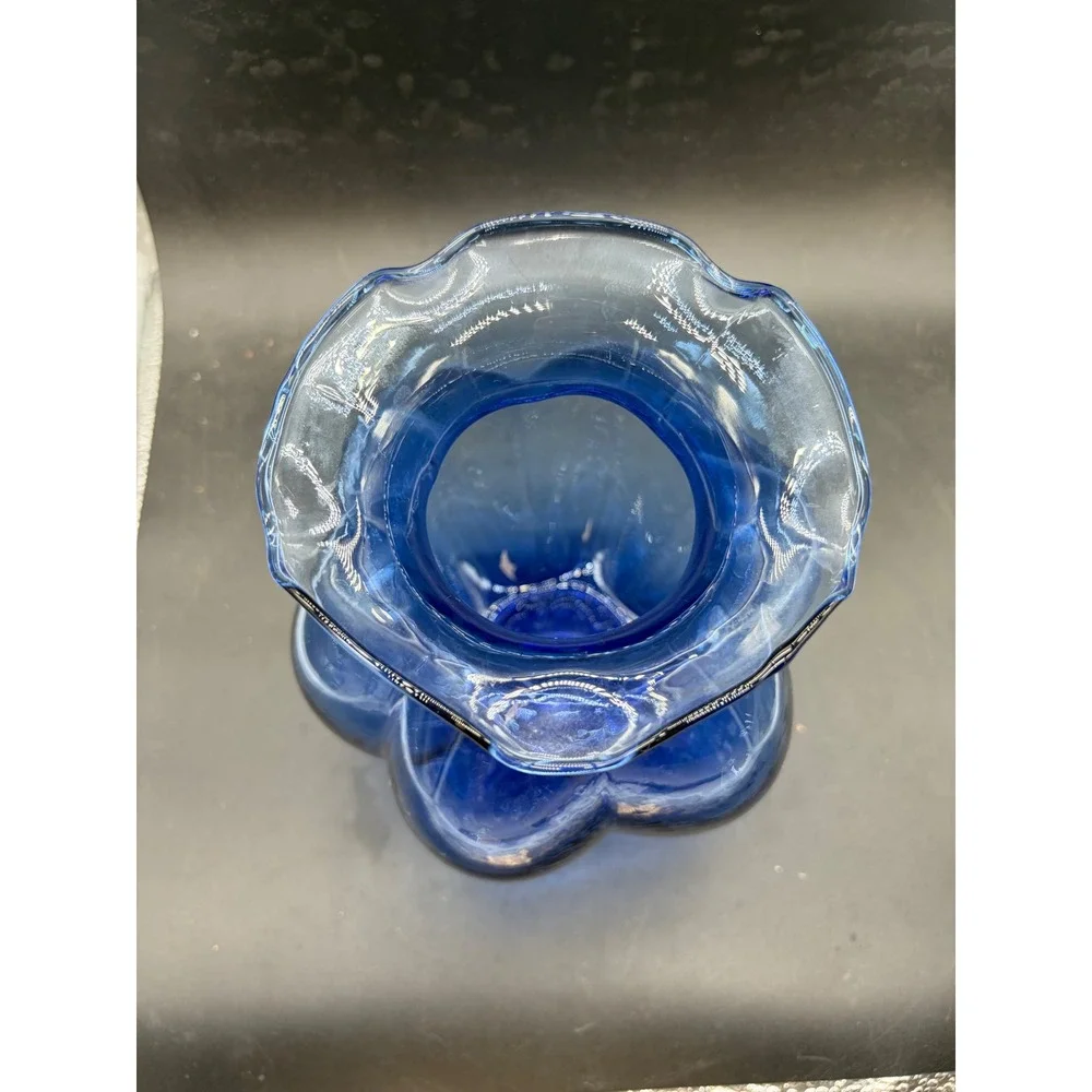 Cobalt Blue Hand Blown Glass Vase Lobed Pumpkin Shape Ruffled Rim 6 Inch